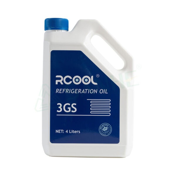 4-liter container of RCOOL refrigeration oil 3GS with blue cap and label for HVAC systems.